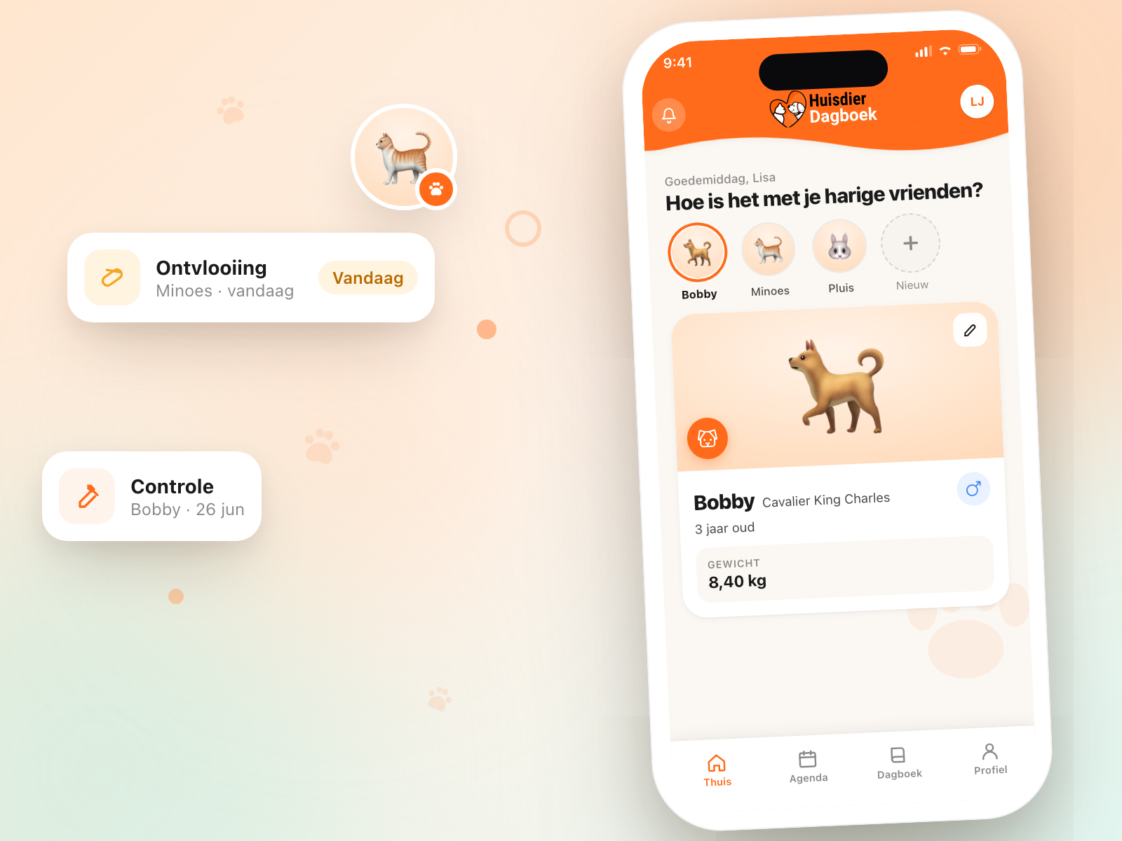 Voorbeeld van het dashboard van Huisdier Dagboek